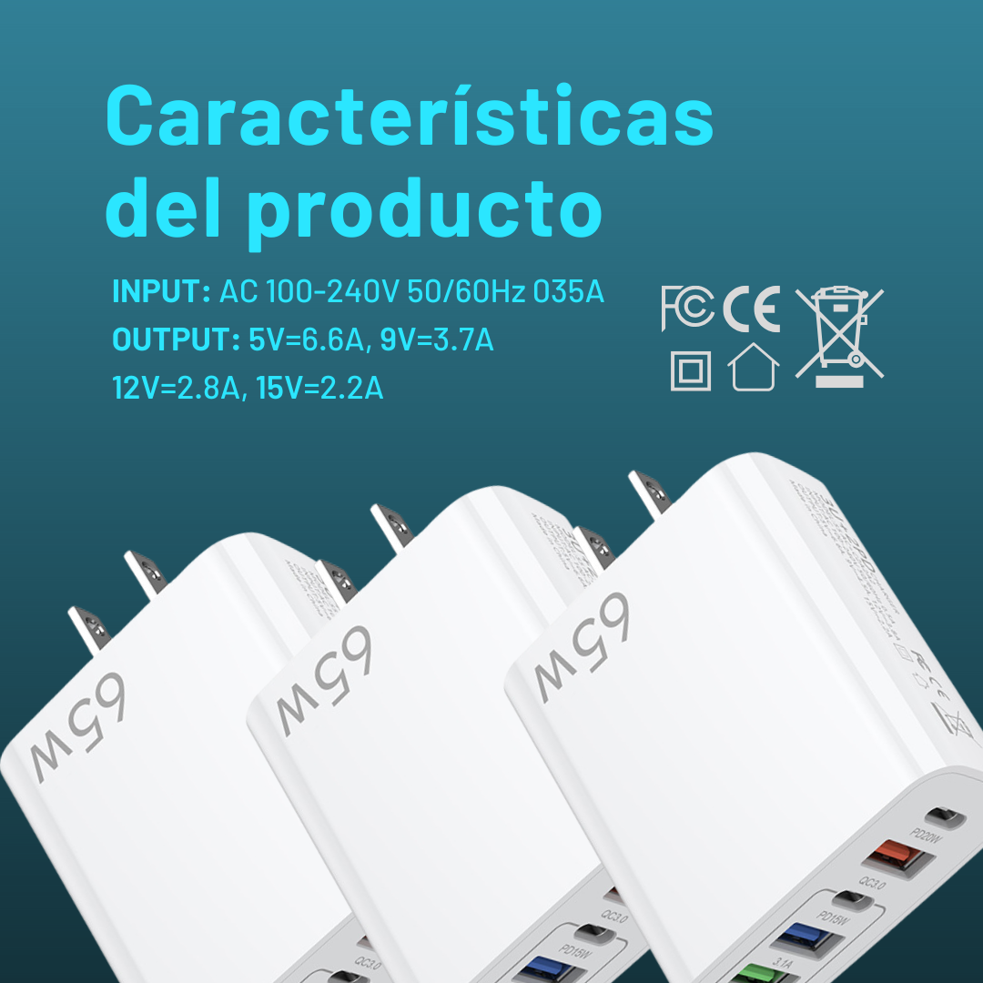 Adaptador Cargador Multipuertos 65w Carga Rápida (3usb, 1 C)