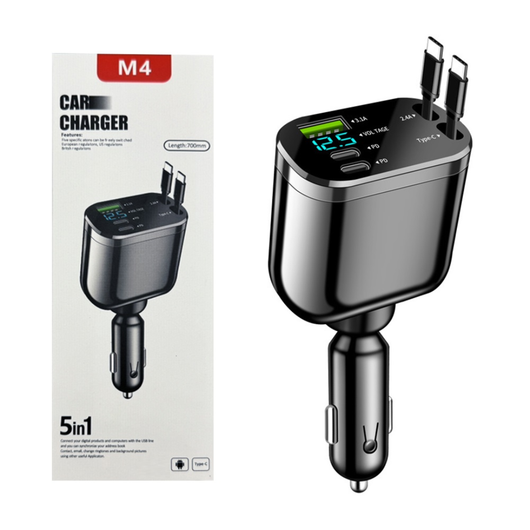 Cargador Carro Celular Cables Retractil 5en1 + Puerto Carga Rápida
