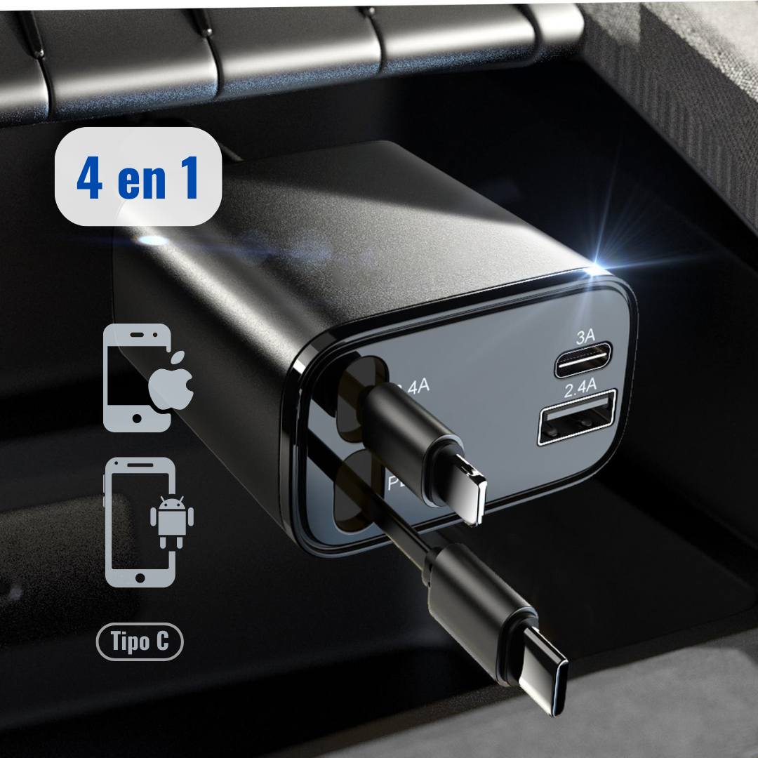 Cargador Carro Celular Cables Retractil 4en1 + Puerto Rapida