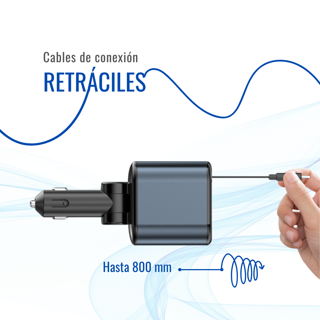 Cargador Carro Celular Cables Retractil 4en1 + Puerto Rapida