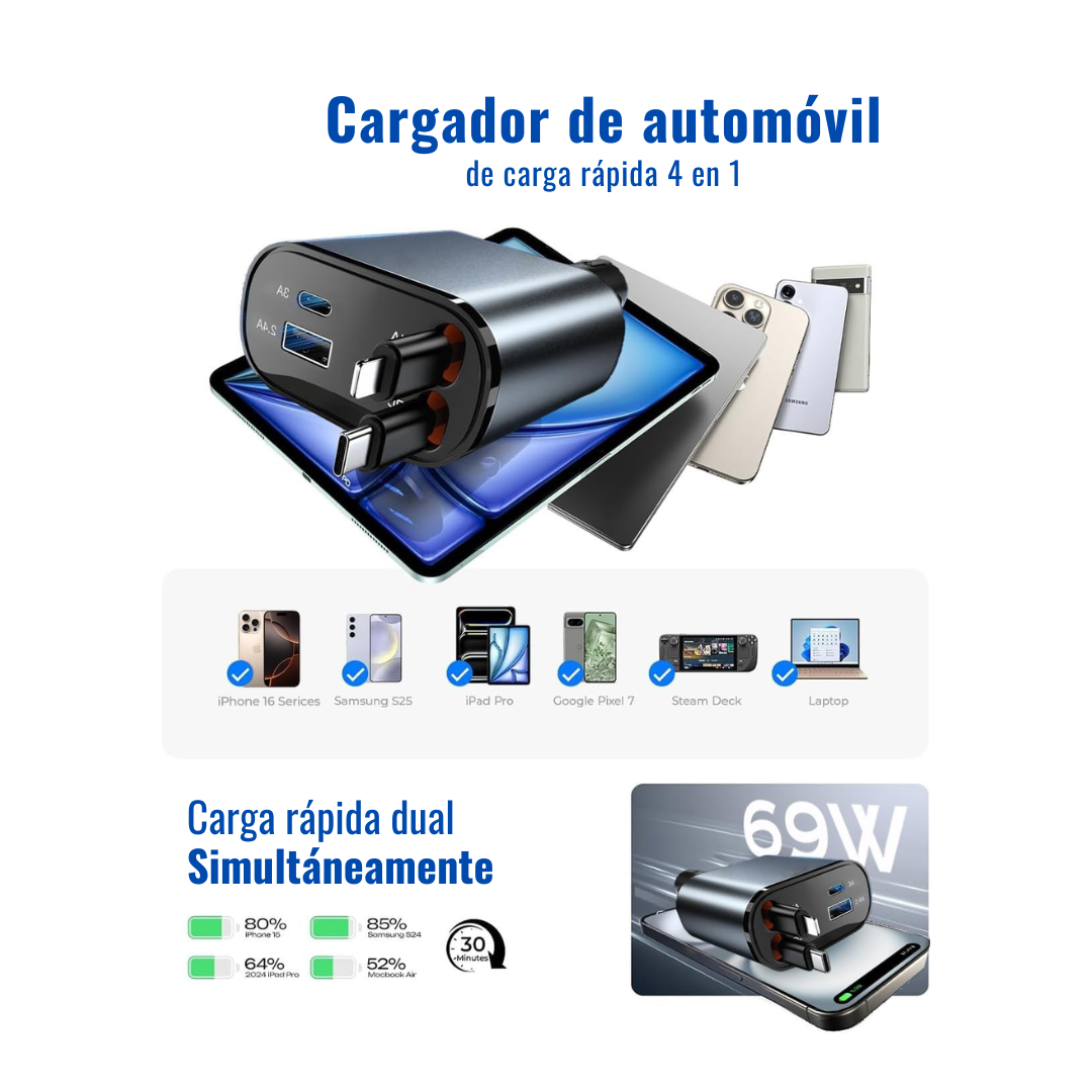 Cargador Carro Celular Cables Retractil 4en1 + Puerto Rapida