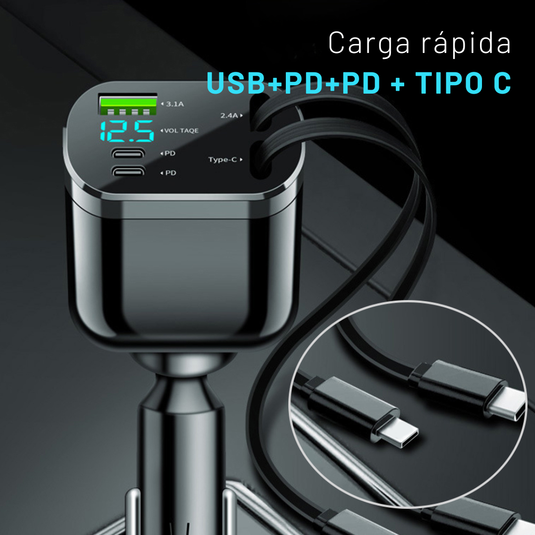 Cargador Carro Celular Cables Retractil 5en1 + Puerto Carga Rápida
