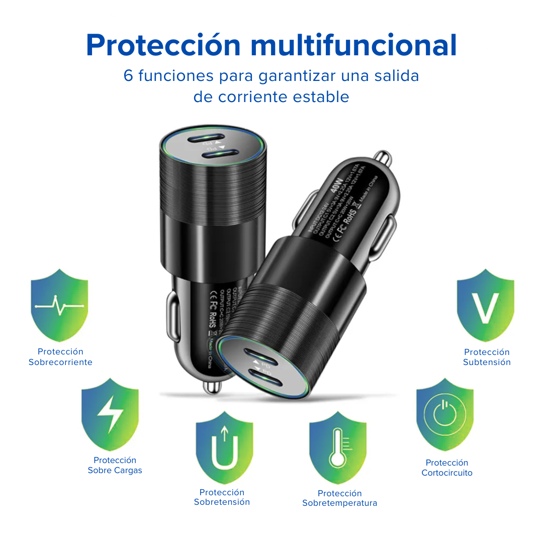 Adaptador Carro Cargador 2 Puerto Tipo C 40w Carga Rápida