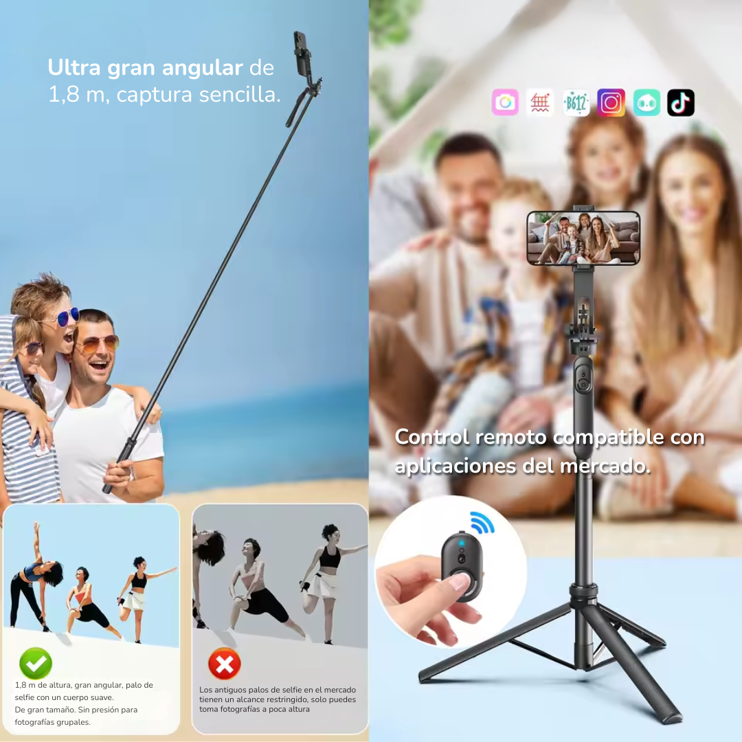 TRIPODE PREMIUM PARA CELULAR Ó CÁMARA PLEGABLE Y PORTABLE EXTRA LARGO 180CM + CONTROL REMOTO