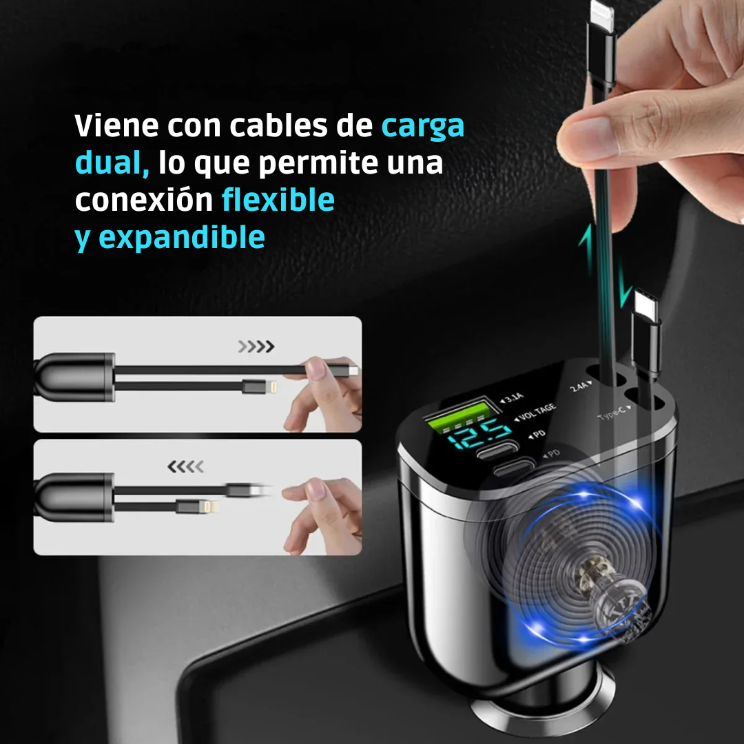 Cargador Carro Celular Cables Retractil 5en1 + Puerto Carga Rápida