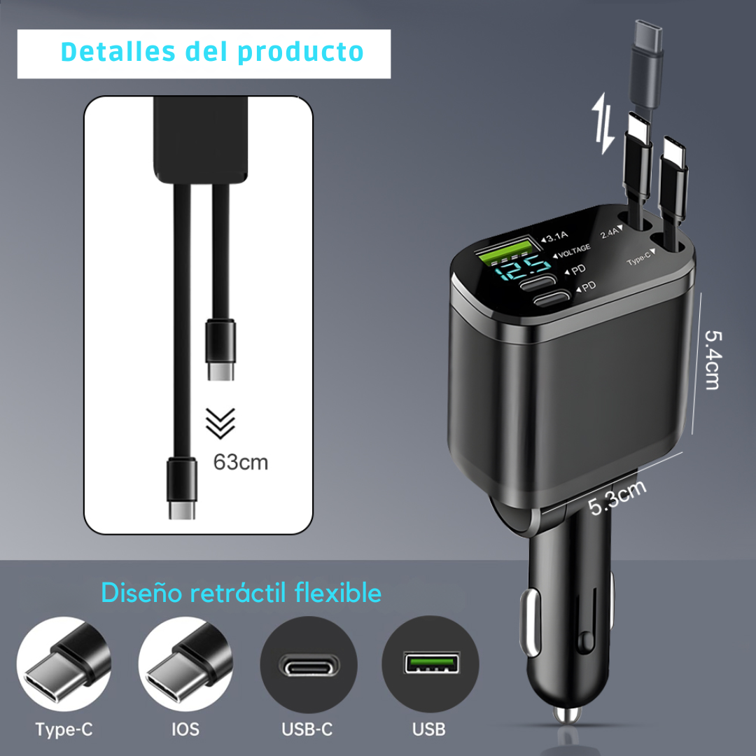 Cargador Carro Celular Cables Retractil 5en1 + Puerto Carga Rápida