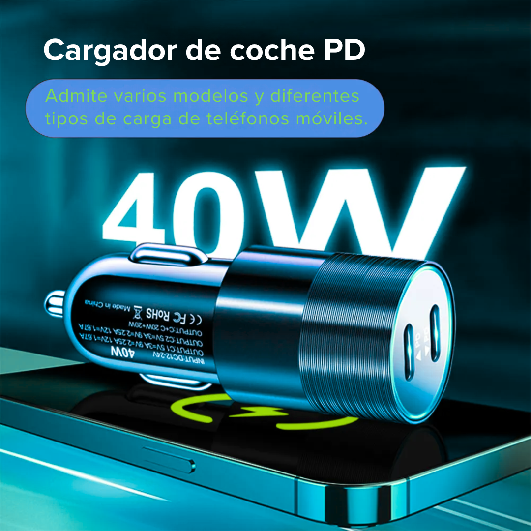 Adaptador Carro Cargador 2 Puerto Tipo C 40w Carga Rápida