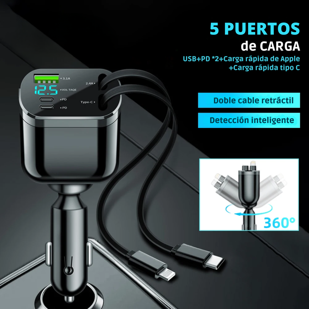 Cargador Carro Celular Cables Retractil 5en1 + Puerto Carga Rápida