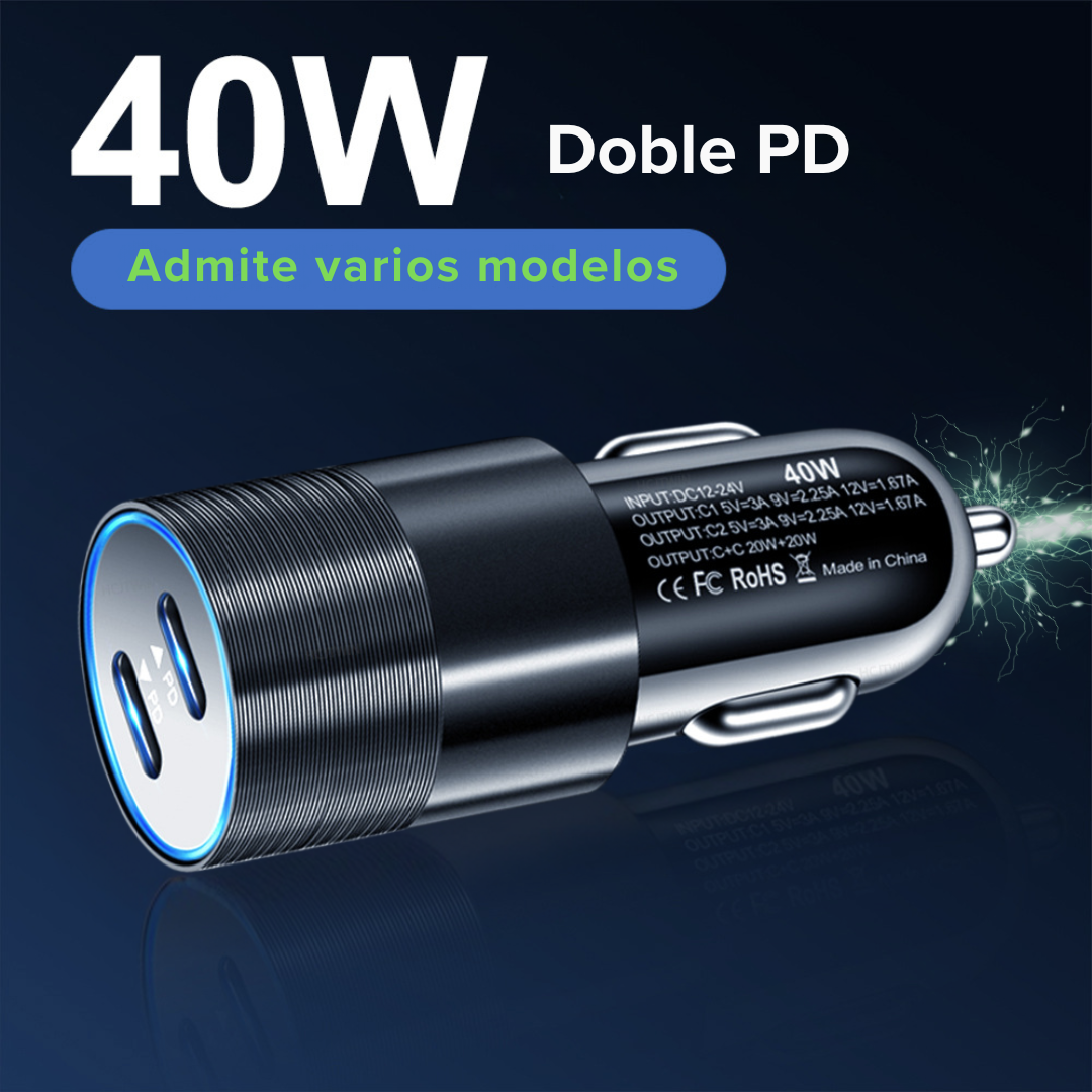 Adaptador Carro Cargador 2 Puerto Tipo C 40w Carga Rápida