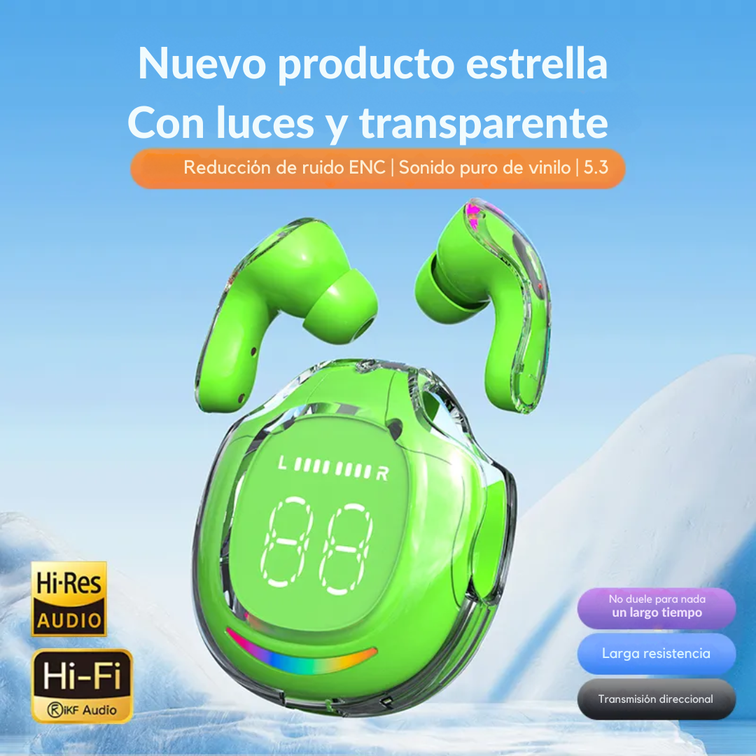 AUDÍFONOS INALAMBRICOS ULTRAPOD MAX AIR 2 TRANSPARENTES CON LUCES