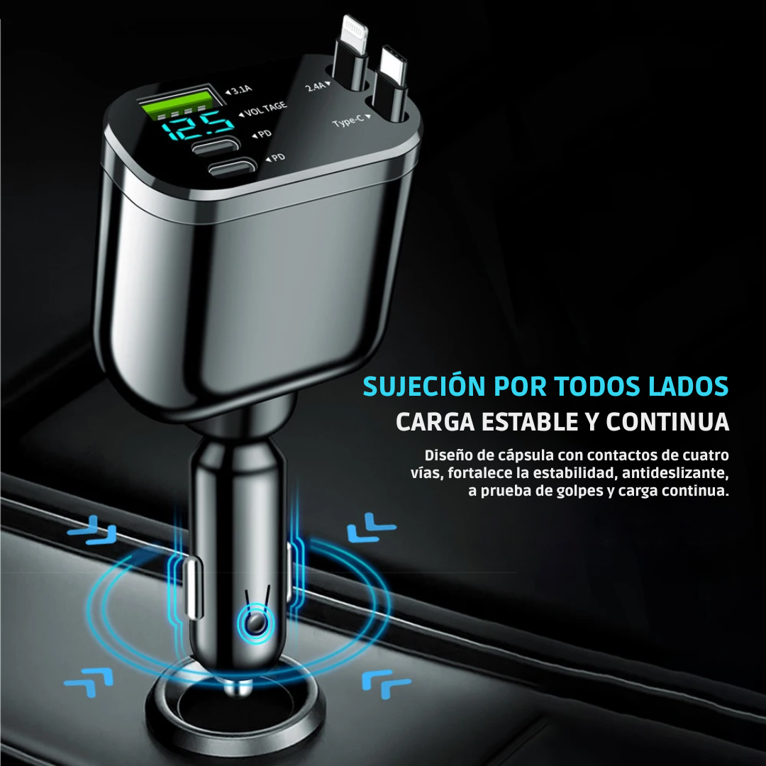 Cargador Carro Celular Cables Retractil 5en1 + Puerto Carga Rápida