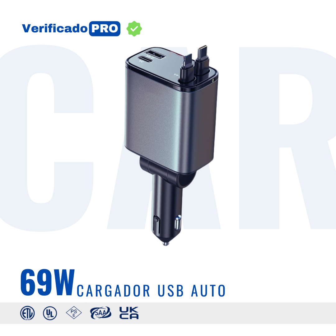 Cargador Carro Celular Cables Retractil 4en1 + Puerto Rapida