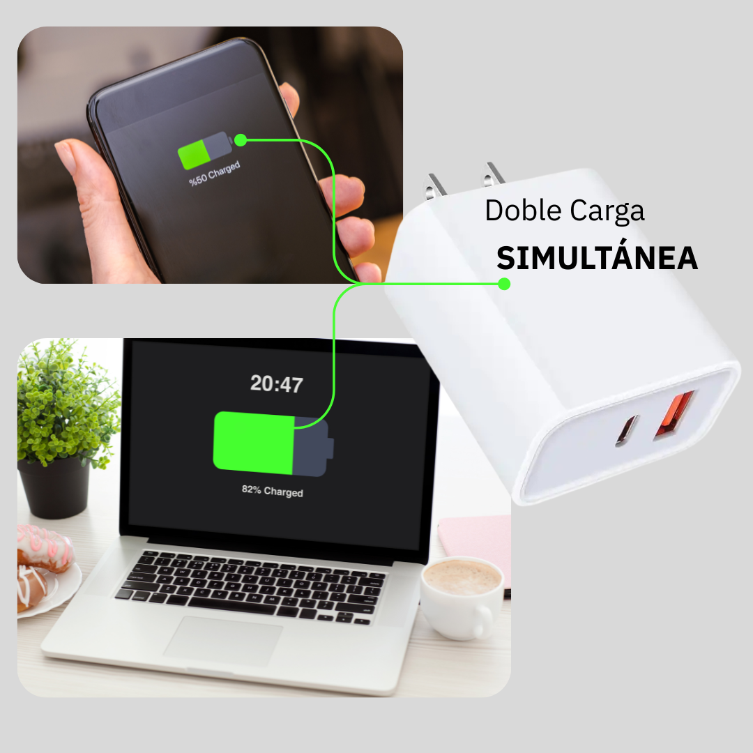 Adaptador Cargador 20w IOS Android Multipuerto 2en1 Carga Rápida