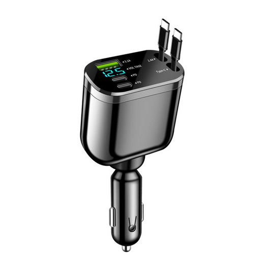 Cargador Carro Celular Cables Retractil 5en1 + Puerto Carga Rápida