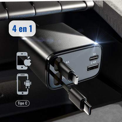 Cargador Carro Celular Cables Retractil 4en1 + Puerto Rapida