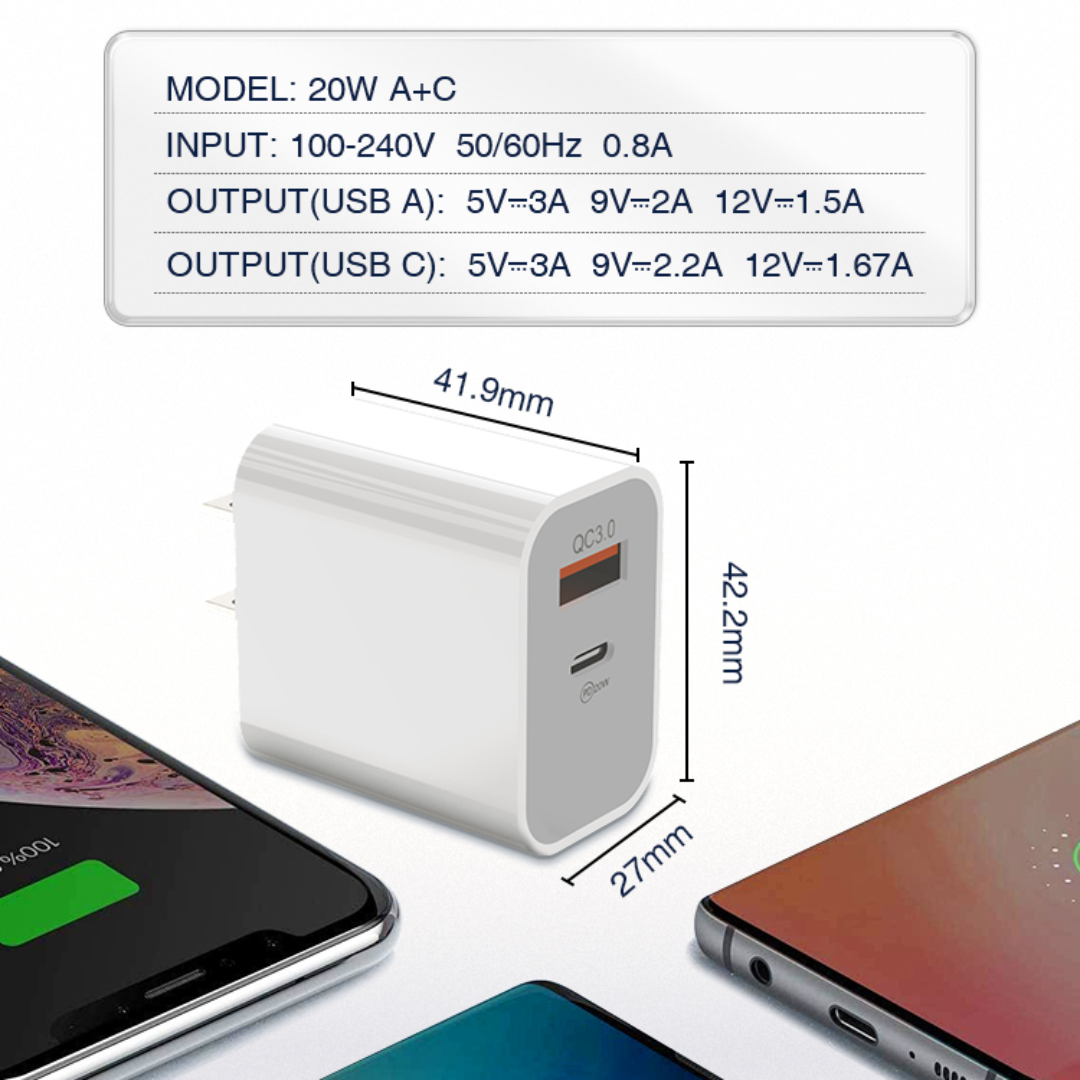 Adaptador Cargador 20w IOS Android Multipuerto 2en1 Carga Rápida