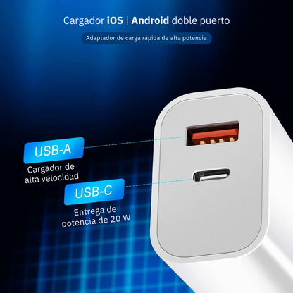 Adaptador Cargador 20w IOS Android Multipuerto 2en1 Carga Rápida