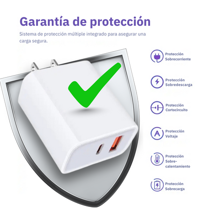 Adaptador Cargador 20w IOS Android Multipuerto 2en1 Carga Rápida