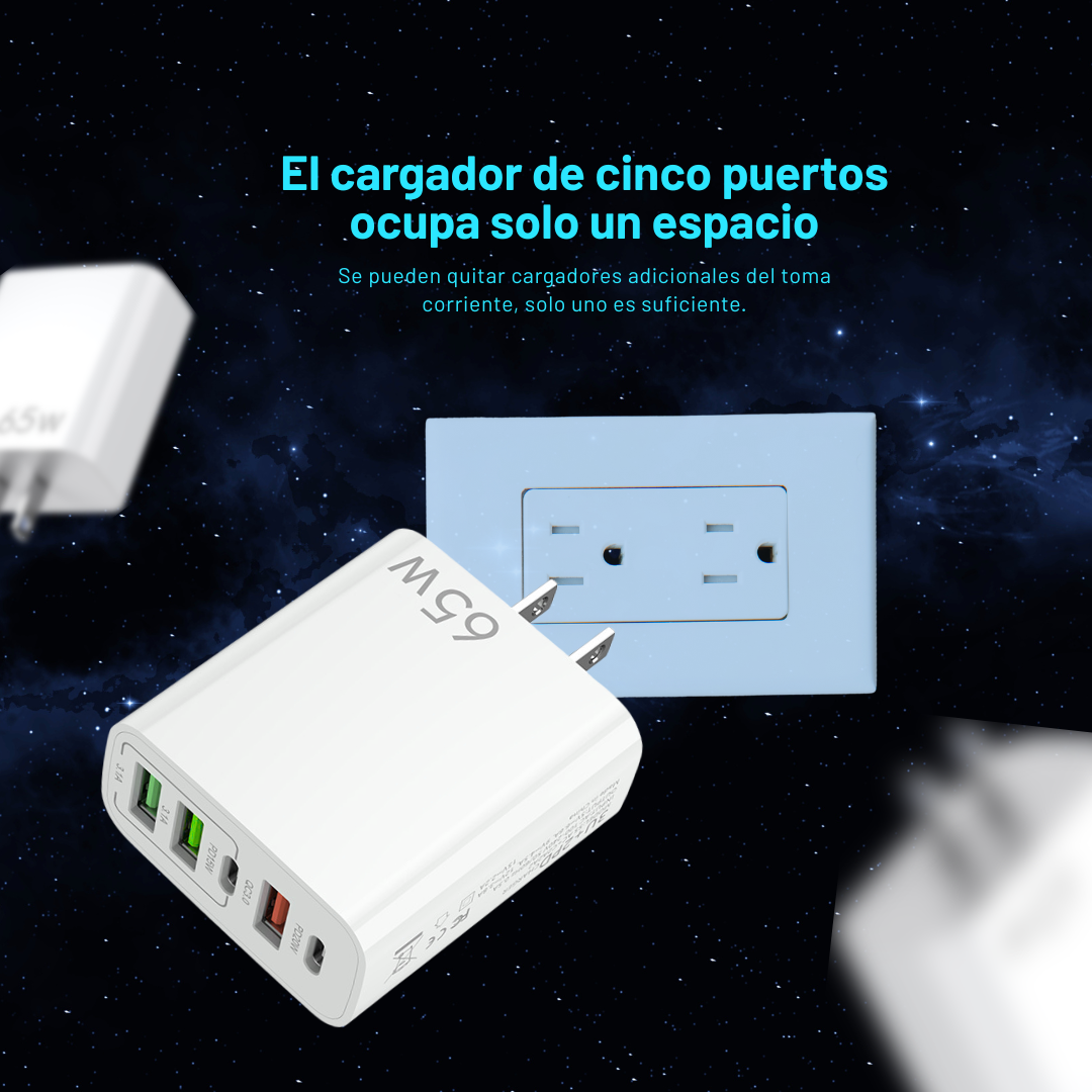 Adaptador Cargador Multipuertos 65w Carga Rápida (3usb, 1 C)