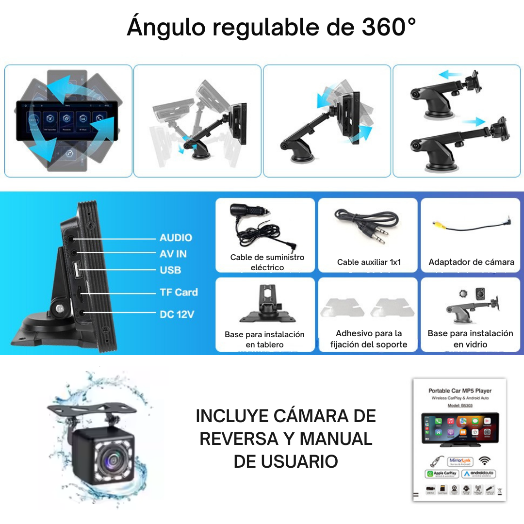 PANTALLA RADIO CARRO CAR PLAY ANDROID AUTO INALÁMBRICA 10,26" + CÁMARA REVERSA