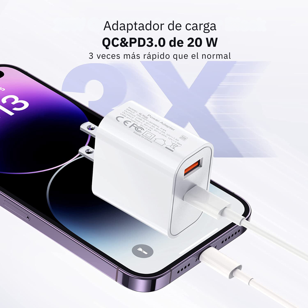 Adaptador Cargador 20w IOS Android Multipuerto 2en1 Carga Rápida