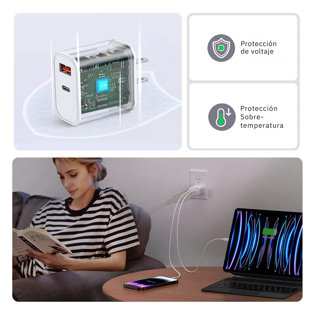 Adaptador Cargador 20w IOS Android Multipuerto 2en1 Carga Rápida