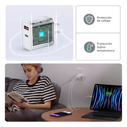 Adaptador Cargador 20w IOS Android Multipuerto 2en1 Carga Rápida