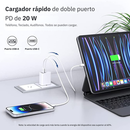 Adaptador Cargador 20w IOS Android Multipuerto 2en1 Carga Rápida
