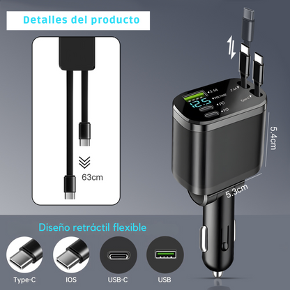 Cargador Carro Celular Cables Retractil 5en1 + Puerto Carga Rápida