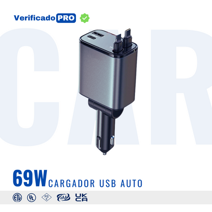 Cargador Carro Celular Cables Retractil 4en1 + Puerto Rapida